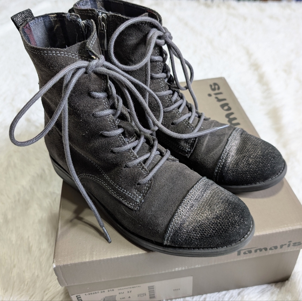 Tamaris Grey Suede Leather Lace Up Ankle Boots with Metallic Toes Size 6